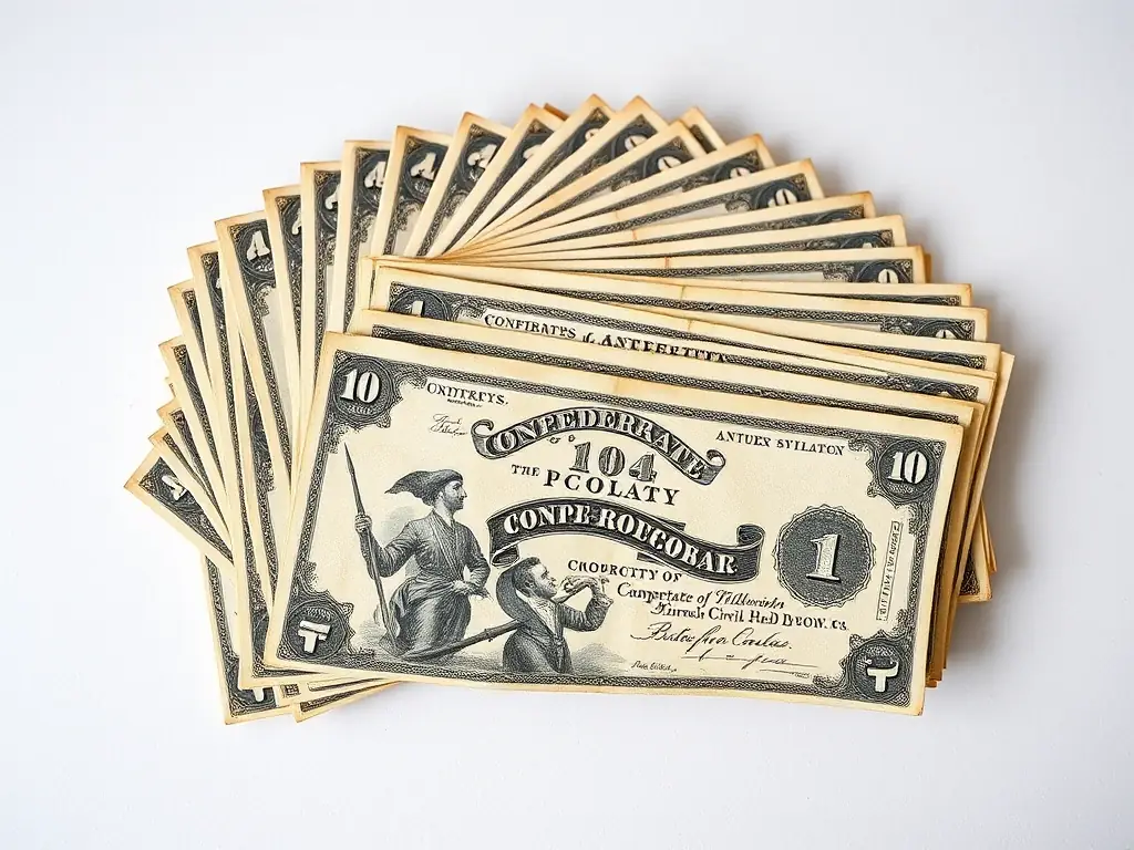 A high-resolution image of a set of Confederate banknotes from the Civil War era, highlighting their unique designs and historical significance.