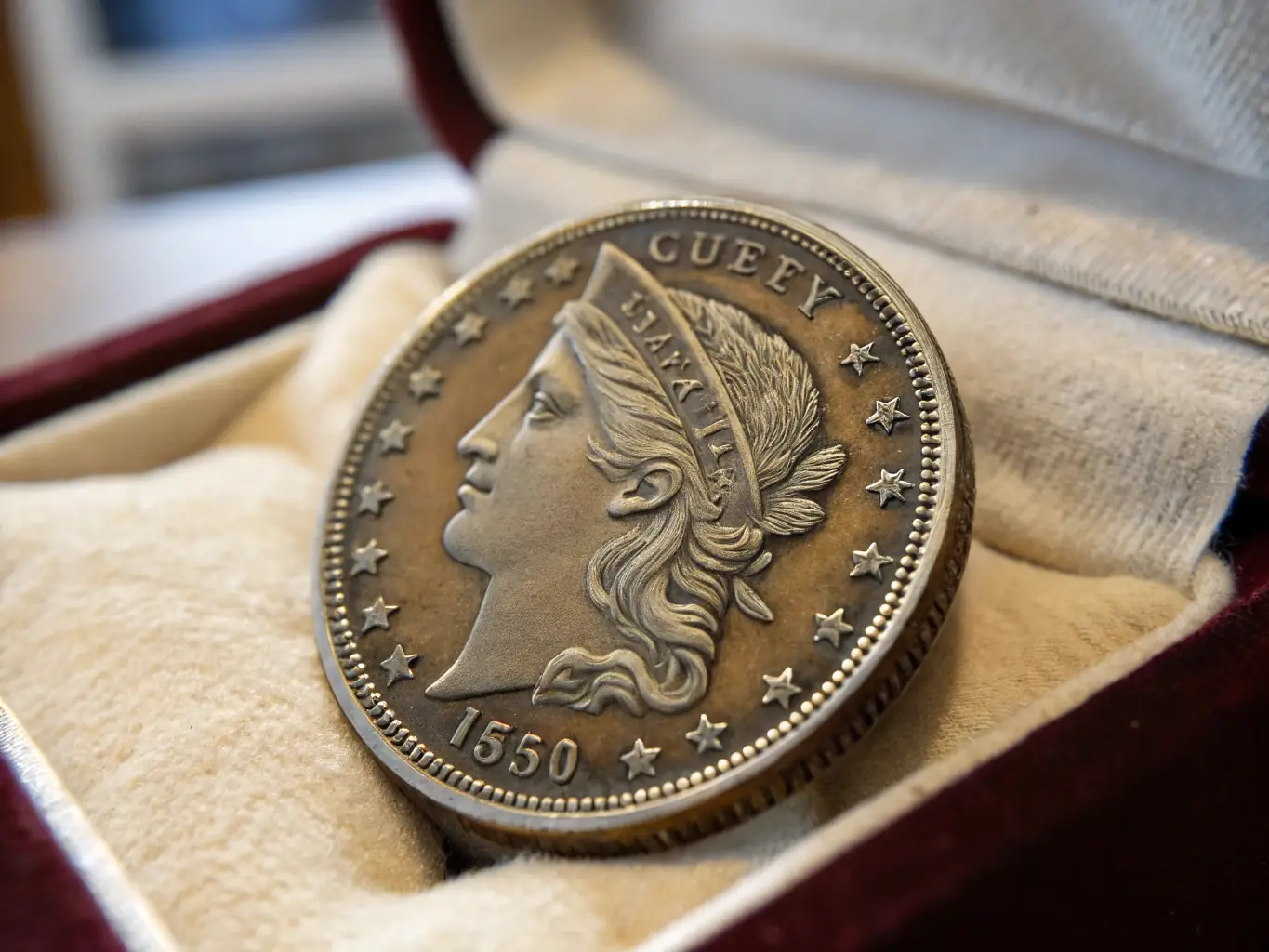 A close-up photograph of a rare 18th-century coin, showcasing its intricate details and historical markings, displayed in a protective case.